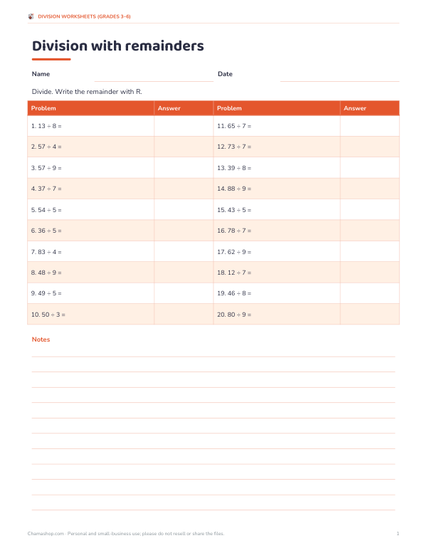 Preview of Division with Remainders Worksheet