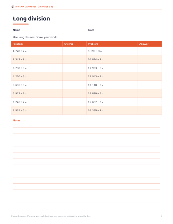 Preview of Printable Long Division Worksheet