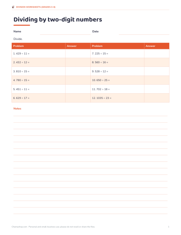 Preview of Printable Two-Digit Divisors Worksheet