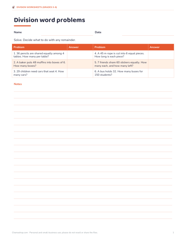 Preview of Printable Division Word Problems